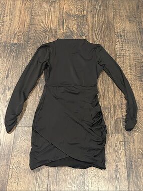 Black Long-Sleeve Wrap-Front High Neck Dress